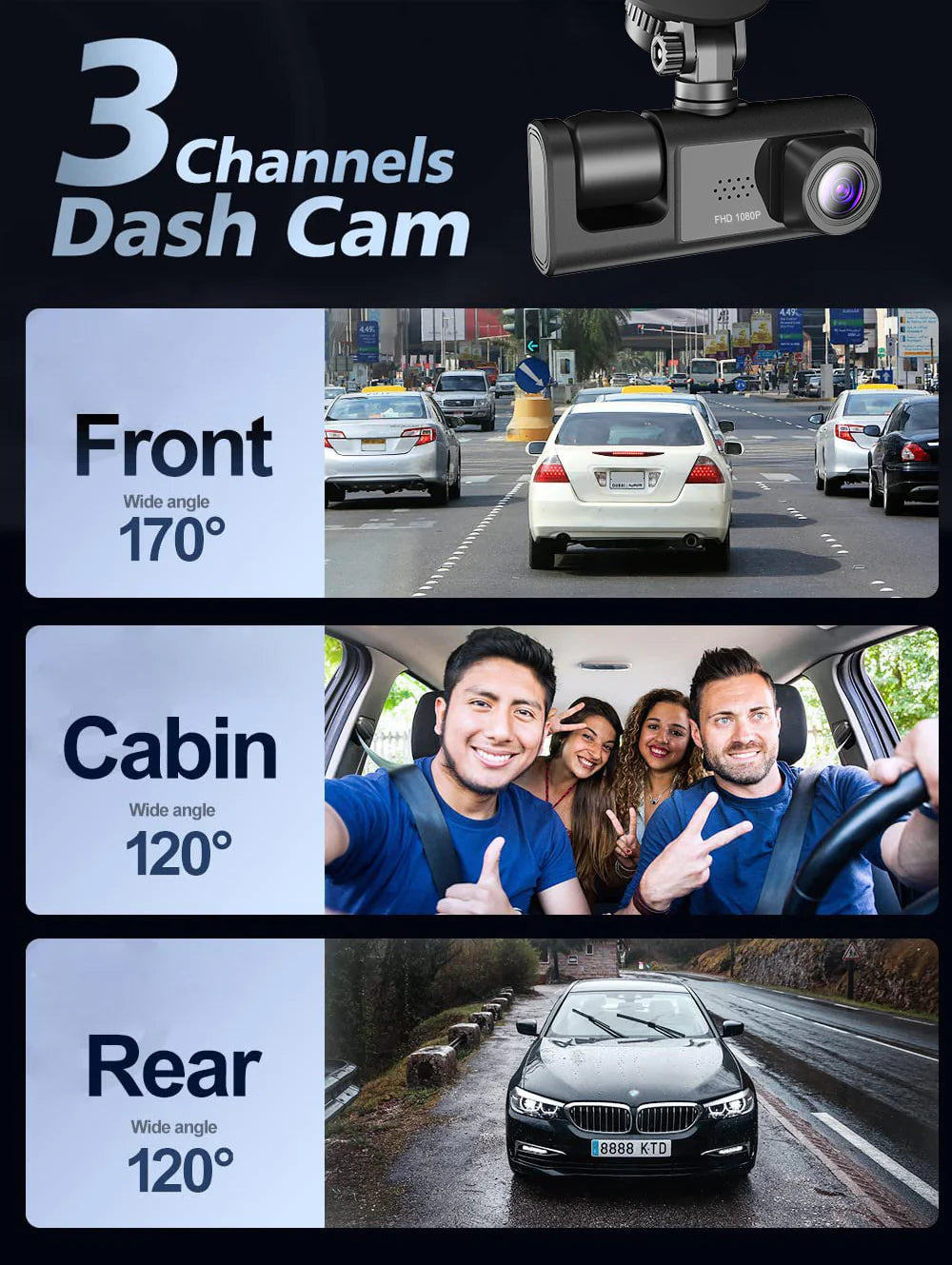 Car Dual Lens Dash Cam - 1080P Front/Rear/Inside Video Recorder with G-Sensor