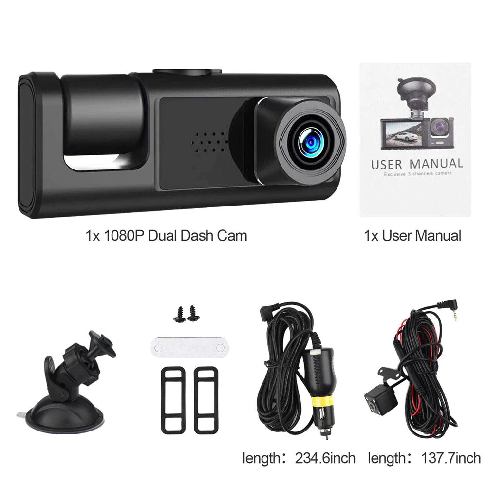 Car Dual Lens Dash Cam - 1080P Front/Rear/Inside Video Recorder with G-Sensor