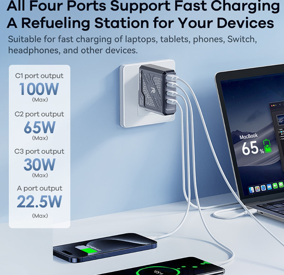 120W GaN Foldable Charger - 3 USB-C & 1 USB-A Fast Charging - Space Gray