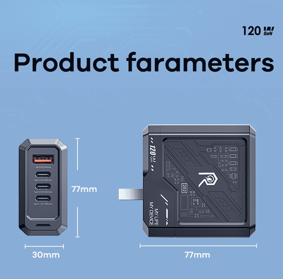 120W GaN Foldable Charger - 3 USB-C & 1 USB-A Fast Charging - Space Gray