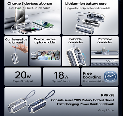 Capsule Series 20W Rotary Cabled Direct Fast Charging Power Bank 5000mAh (RPP-28)