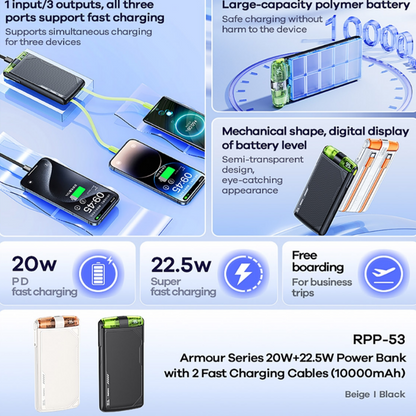 Armour Series 20W+22.5W Power Bank with 2 Fast Charging Cables 10000mAh