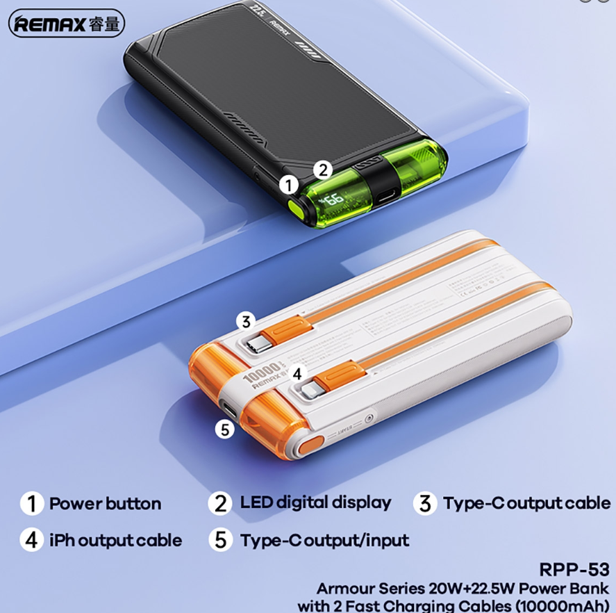 Armour Series 20W+22.5W Power Bank with 2 Fast Charging Cables 10000mAh