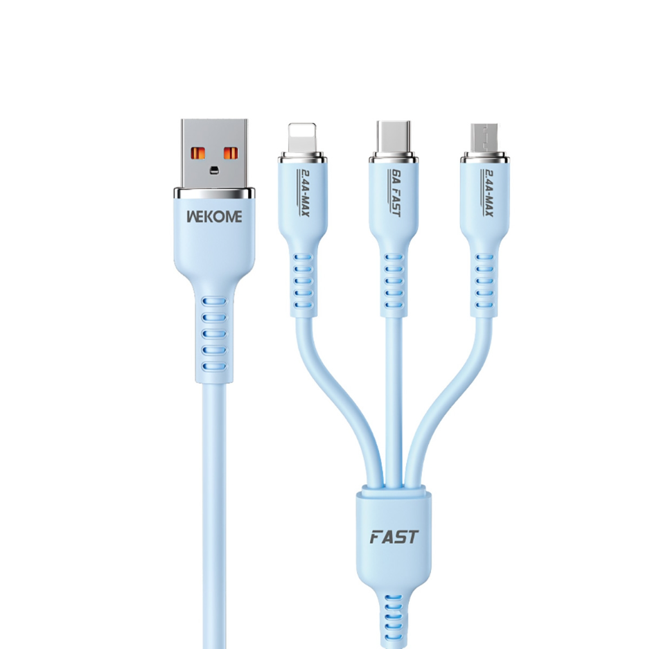 WEKOME Real Silicon 3-in-1 Charging Cable – 66W Super Fast with Lightning, Micro-USB, and Type-C Compatibility