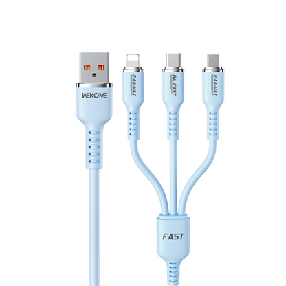 WEKOME Real Silicon 3-in-1 Charging Cable – 66W Super Fast with Lightning, Micro-USB, and Type-C Compatibility