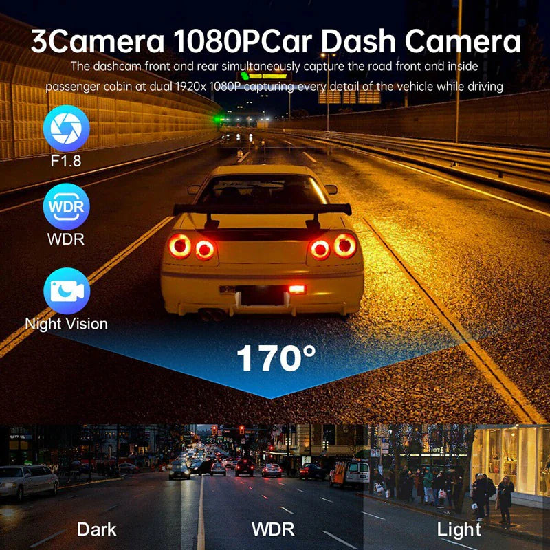 Car Dual Lens Dash Cam - 1080P Front/Rear/Inside Video Recorder with G-Sensor