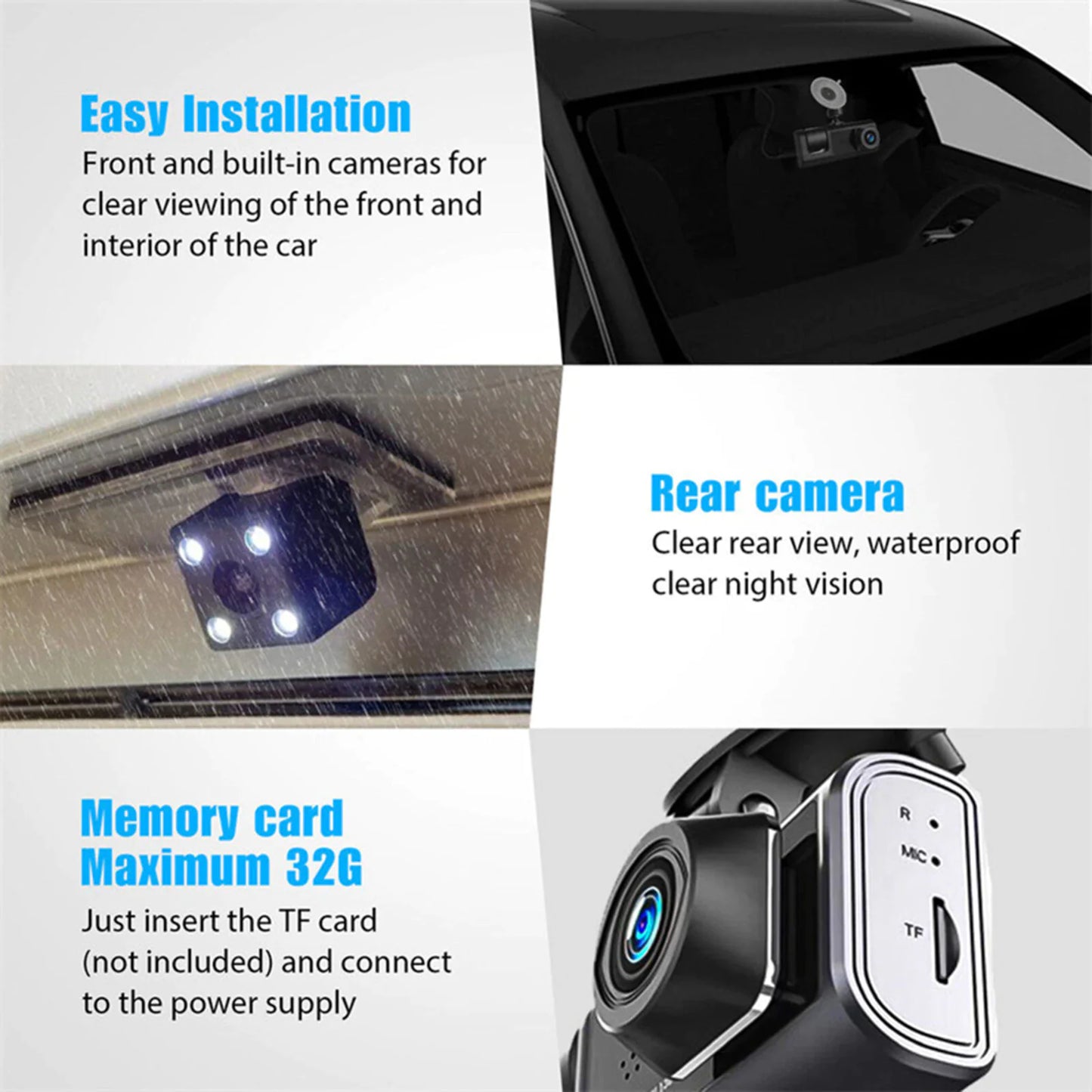 Car Dual Lens Dash Cam - 1080P Front/Rear/Inside Video Recorder with G-Sensor