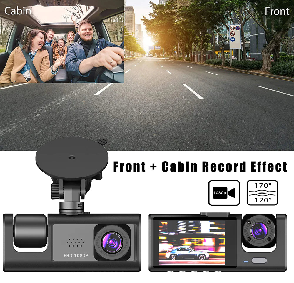 Car Dual Lens Dash Cam - 1080P Front/Rear/Inside Video Recorder with G-Sensor