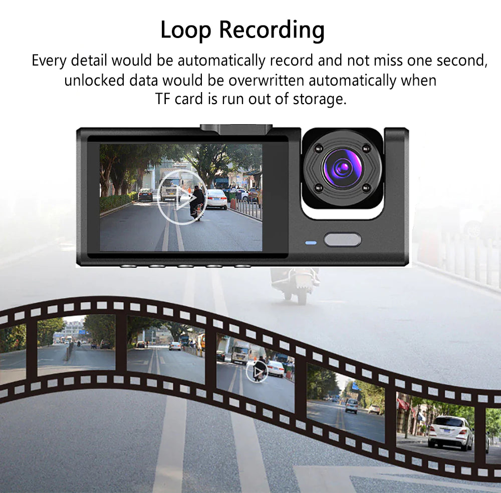 Car Dual Lens Dash Cam - 1080P Front/Rear/Inside Video Recorder with G-Sensor