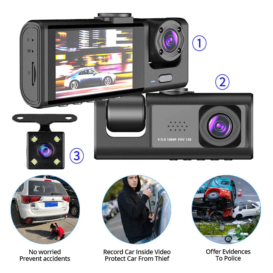 Car Dual Lens Dash Cam - 1080P Front/Rear/Inside Video Recorder with G-Sensor