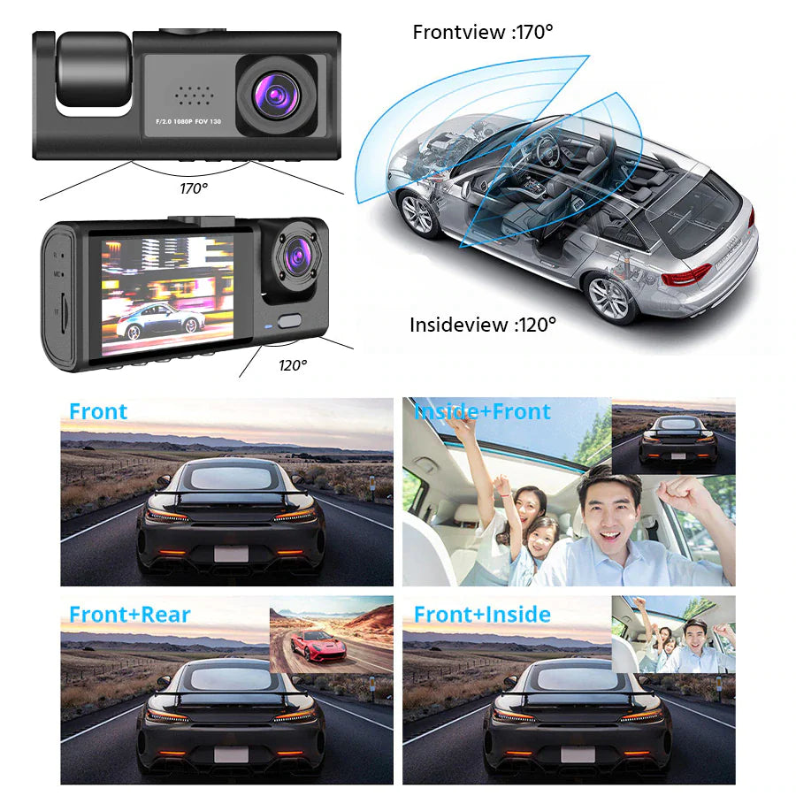 Car Dual Lens Dash Cam - 1080P Front/Rear/Inside Video Recorder with G-Sensor